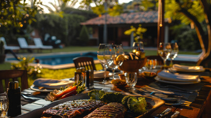 Grilled picanha with fresh vegetables, on an outdoor lunch with family and children playing in a sunny garden with illuminated pool, under the moonlig