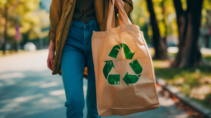 Eco-friendly shopping with reusable hemp bag, recycling symbol, shallow depth of field.
