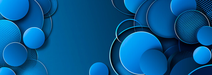Abstract spheres with symmetrical blue lighting on dark background. Wide wallpaper with copy space. - obrazy, fototapety, plakaty