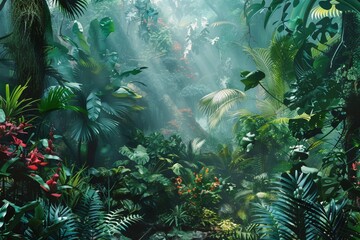 A tropical rainforest, with towering trees and exotic plants shrouded in a bright green canopy.