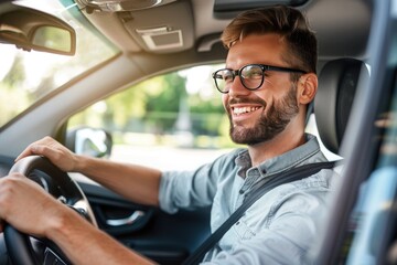 Handsome young man is driving a car and smiling driving a car with a clear view of the city through the window. showcasing safe driving with a seatbelt