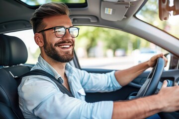 Handsome young man is driving a car and smiling driving a car with a clear view of the city through the window. showcasing safe driving with a seatbelt