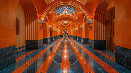 Fototapeta premium Symmetrical View of an Ornate Orange Hallway with Arched Ceilings and Mosaic Floor