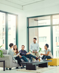 Obraz premium Business people, modern office and brainstorming with planning, social impact and ideas for project. Diversity, share input and group with feedback and production review with synergy or creative team