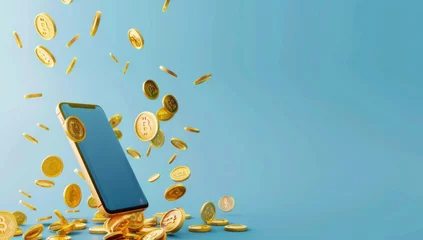 Foto op Plexiglas A mobile phone with gold coins flying out of it, on a blue background, in the vector illustration style, in a flat design, with 3D rendering, at a high resolution, with professional color grading, wit © Nathamanee
