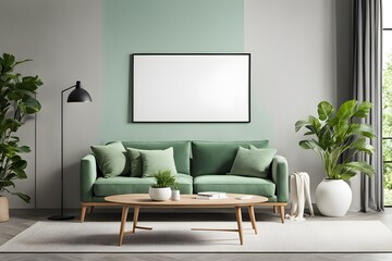 Contemporary Interior Design: Empty Framed Canvas in Living Room with Light Green Accent