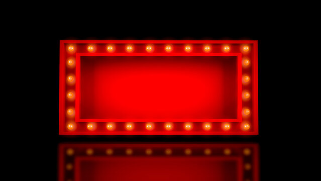3D Rendering,Realistic red mock-up of theater sign with yellow glowing bulbs on around,Empty space advertisement, Shiny and reflection floor, black color background.