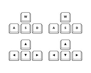 Arrow left, right, up, down, w, a, s, d keys on computer keyboard isolated icon. Keyboard buttons.