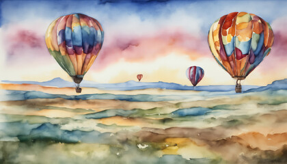 Fototapeta premium Watercolor Landscape with Hot Air Balloons at Sunset