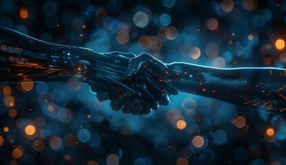 A digital handshake between two people, symbolizing the creation of an AI portrayal in business collaboration. The dark blue background has glowing lights and bokeh effects. In the style of a futurist - obrazy, fototapety, plakaty