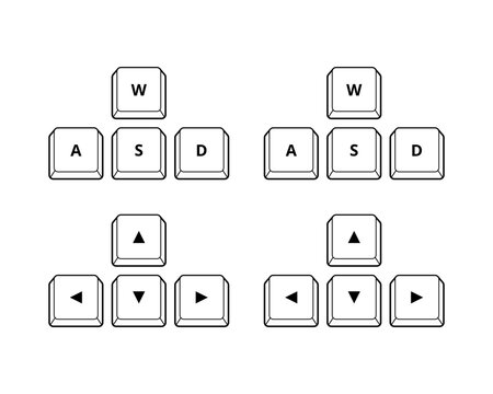 Arrow left, right, up, down, w, a, s, d keys on computer keyboard isolated icon. Keyboard buttons.
