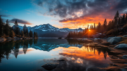 Sunset in the mountains at a calm lake. A serene mountain lake at sunrise.