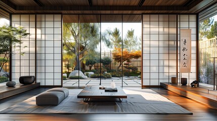 Traditional Japanese Living Room with Garden View - obrazy, fototapety, plakaty