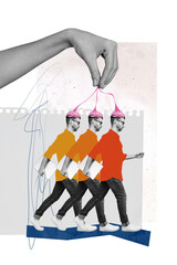 Vertical collage  picture of black white gamma arm fingers hold brain mini walking people big paper...