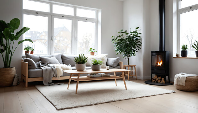 Contemporary Living Room with Fireplace and Natural Elements