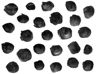 Collection of black round and oval watercolor blots, isolated on transparent background. Hand drawn paint seamless repeating polka dot pattern. Vector texture for overlay