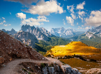 Italian Alps and Cadini di Misurina range. Tre Cime di Lavaredo, Sexten Dolomites, Italy, South Tyrol, Europe. - obrazy, fototapety, plakaty