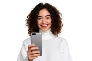 smiling woman Use the application on your smartphone. Isolated on transparent background.