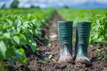 Green rain boots in a field, vegetable garden. Copy space. Potato plantation. Agricultural background. Rubber boots in the mud of a potato field. Wellingtons. Gumboots. Gardening. Crops. Planting - obrazy, fototapety, plakaty