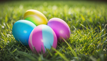 Fototapeta na wymiar Easter coloured decorated eggs on a green grass