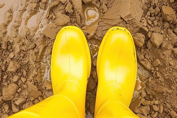 Top view of yellow rain boots standing on mud. A pair of bright yellow rubber boots on soggy soil. Water and sand, sleet. Rainy weather. Sludge. Waterproof. Wellies. Slosh. Planting season. Farm - obrazy, fototapety, plakaty