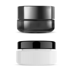 Cosmetic cream jar, isolated vector template blank. Realistic plastic container for face skin care product. Mockup of round scrub jar or lotion packaging for branding design