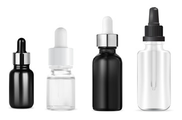 Liquid serum dropper bottle. Essential oil treatment container, vector mockup. Set of eyedropper flask for collagen beauty product, black and white design. Pipette bottle template