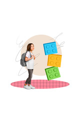 Composite collage image of little female schoolgirl rucksack blocks build solve task education learning attention concentration