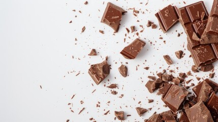 Fototapeta premium chocolate bar fragments fall gracefully on a white canvas, inviting you to savor the richness of cocoa in every bite