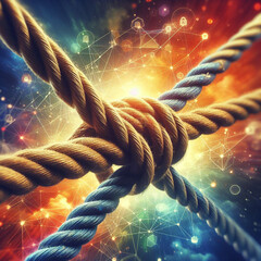 A team connected by a diverse network of ropes symbolizes strength, partnership, and unity. The ropes are braided together against a colorful background, representing teamwork, communication, support,