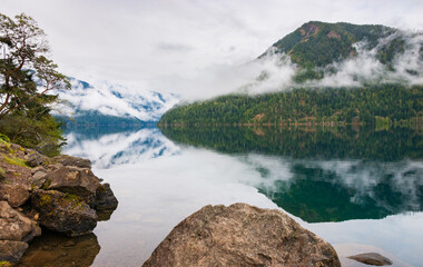 Misty Morning Fog and Haze at Lake Crescent at Olympic National Park, Washington State