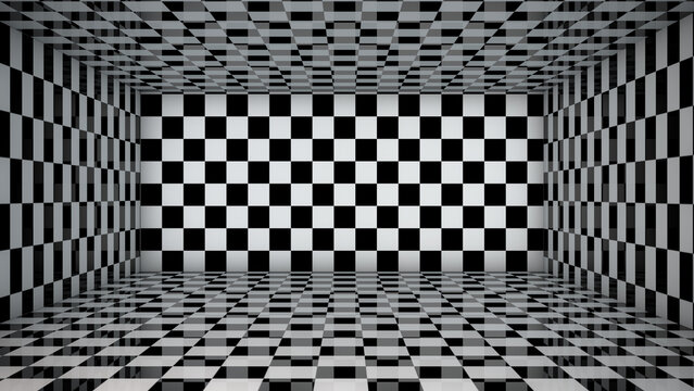 3d Rendering, Abstract black and white checkered tile room with shiny reflection on surface, interior and perspective concept for background.