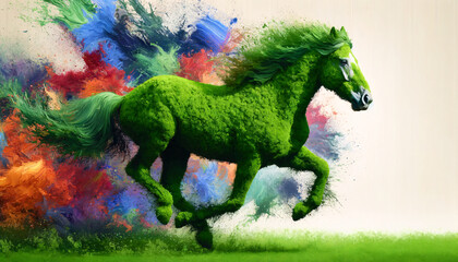 Obraz premium a horse in motion that appears to be crafted entirely out of vibrant green moss