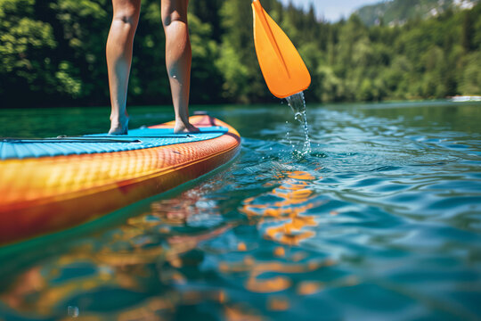 Active Summer: young woman on a vibrant colored paddleboard race on a calm lake - Powered by Adobe