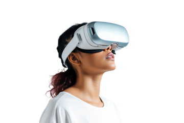 A woman wearing a VR headset is taking care of the virtual world. The background is full of user avatars, representing various services. Isolated on transparent background.