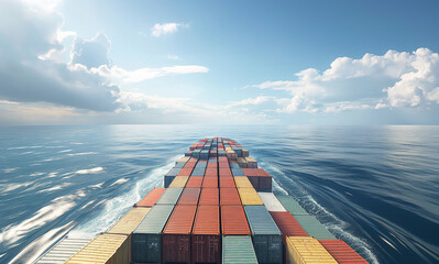 A large container ship is sailing on the ocean with containers stacked high