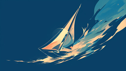 Sailing ship in storm flat illustration design icon - obrazy, fototapety, plakaty