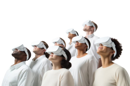People wearing VR glasses are taking care of the virtual world. The background is filled with user avatars representing various services. Isolated on a clear background.
