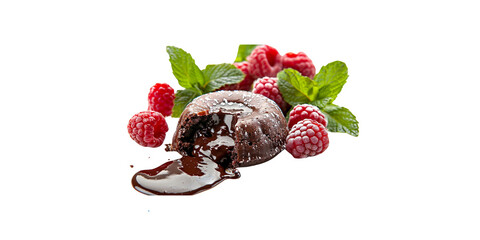 chocolate lava cake with its center melting, next to fresh raspberries and mint leaves on white...