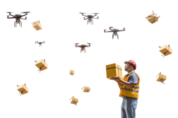  Drone flying over a big city Showcasing the expansion of the fintech business The atmosphere is lively. modern transportation technology,Isolated on white background