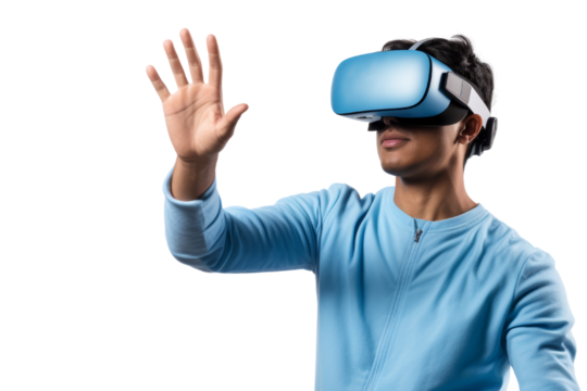 A man wearing a VR headset is taking care of the virtual world. The background is full of user avatars, representing various services. Isolated on transparent background.