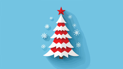 Decorated red and white christmas tree icon at blue background