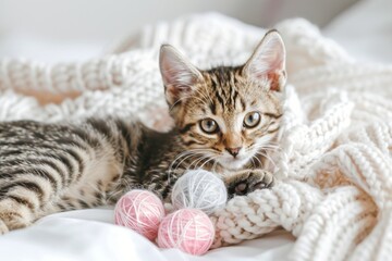 An adorable kitten with striking eyes playing with yarn balls on a cozy knitted blanket. Kitten Playing with Yarn Balls on Blanket