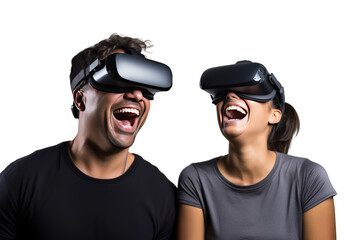 People wearing VR glasses are taking care of the virtual world. The background is filled with user avatars representing various services. Isolated on a clear background.