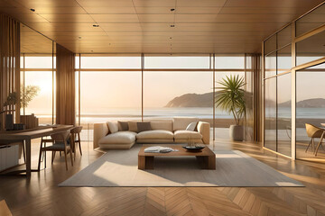 Fototapeta premium Architectural Marvel: A Transparent Futuristic House Crafted with Precision, Gracefully Set against a Calm Seascape with Generative AI