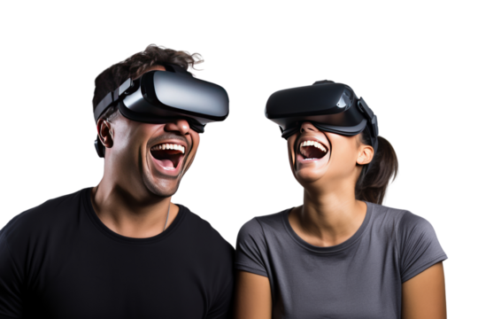 People wearing VR glasses are taking care of the virtual world. The background is filled with user avatars representing various services. Isolated on a clear background.