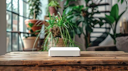 a sleek white Wi-Fi router sits atop a wooden table, offering fast internet access in your cozy indoor space
