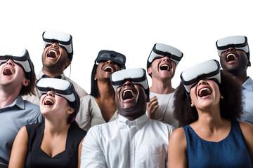 People wearing VR glasses are taking care of the virtual world. The background is filled with user avatars representing various services. Isolated on a clear background. - Powered by Adobe