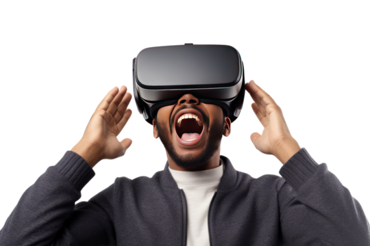 A man wearing a VR headset is taking care of the virtual world. The background is full of user avatars, representing various services. Isolated on transparent background.