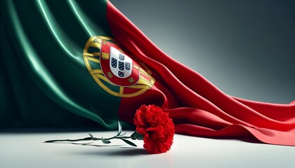 Portugal liberation day realistic background with flag of portugal and red carnation. - obrazy, fototapety, plakaty
